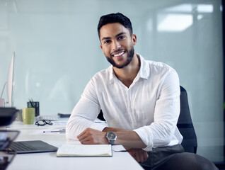 Portrait, happy and business man in office, company and workplace of confident male person in Saudi...