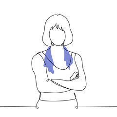 muscular woman stands with her arms crossed with a towel hanging from her neck - one line art vector. concept strongwoman, woman boxer