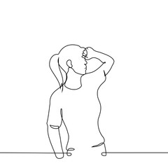 woman stands with her hand on her forehead - one line art vector. concept woman sweating, fatigue, cringe, increased body temperature, hot