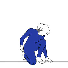 superheroine in a blue suit bowing in a low heroic stance - one line art vector. concept woman athlete or strongwoman