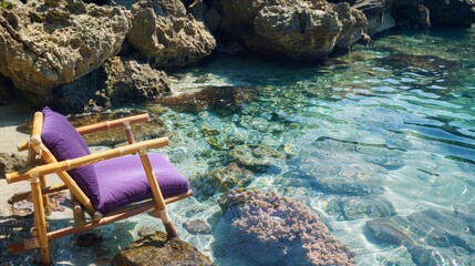 Inviting bamboo beach chair with purple fabric, next to a rock pool, vibrant coral visible in clear water, bright daylight, high-definition photography texture. - obrazy, fototapety, plakaty