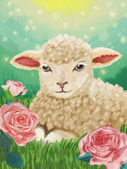 A close-up portrait of a cute, white lamb with a soft face grazing on green grass in a spring meadow - 789152964