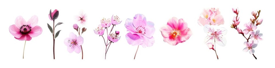 Spring Flowers White Background. Beautiful Blossom Collection for Anniversary Banner Design - obrazy, fototapety, plakaty