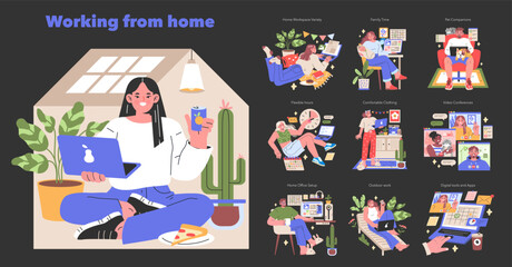 Working from Home set A variety of cozy remote work scenarios encapsulated in one illustration Balancing work-life dynamics with family and pets engagement Vector illustration