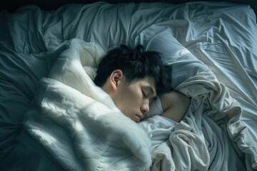 Fototapeta na wymiar Lifestyle Clothing. Asian Man Taking a Break, Sleeping on Bed in his Apartment
