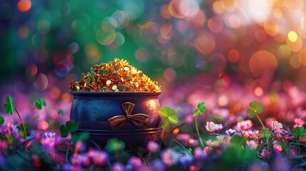 HD wallpaper featuring a pot of gold with a stylish bow tie and clover leaves, rendered in bright, vibrant colors for a festive feel