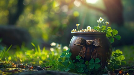 Cheerful HD wallpaper of a pot of gold tied with a bow tie, complemented by bright green clover leaves, full of vibrancy and charm