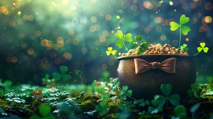 Foto op Canvas Vibrant and colorful HD wallpaper showcasing a pot of gold adorned with a chic bow tie and surrounded by lucky clover leaves © Thanadol