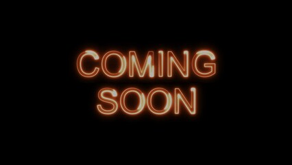 Coming Soon Orange Electric Glow Neon Text Animation on Black Background. Modern Light Design. 4K UHD
