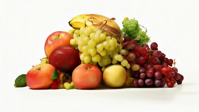 A pile of fruit including apples, bananas, and grapes