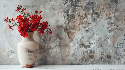 Obraz premium Capture the essence of holidays with a charming image featuring a dainty bouquet of red flowers nestled in a vintage vase atop a white table against a backdrop of a grey cement wall This st