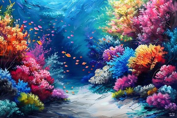 Naklejka na ściany i meble : A brush painting of an underwater scene with colorful coral reefs and fish
