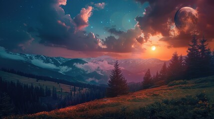 mountain landscape with sun and moon at spring equinox. meadow on the hillside with coniferous forest. day and night time change concept - obrazy, fototapety, plakaty