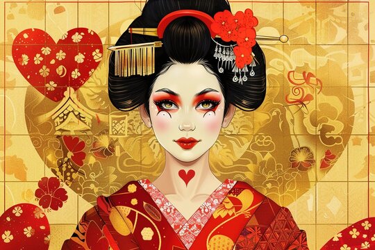 Japanese geisha in a red kimono with a beautiful face. Created with Ai technology.