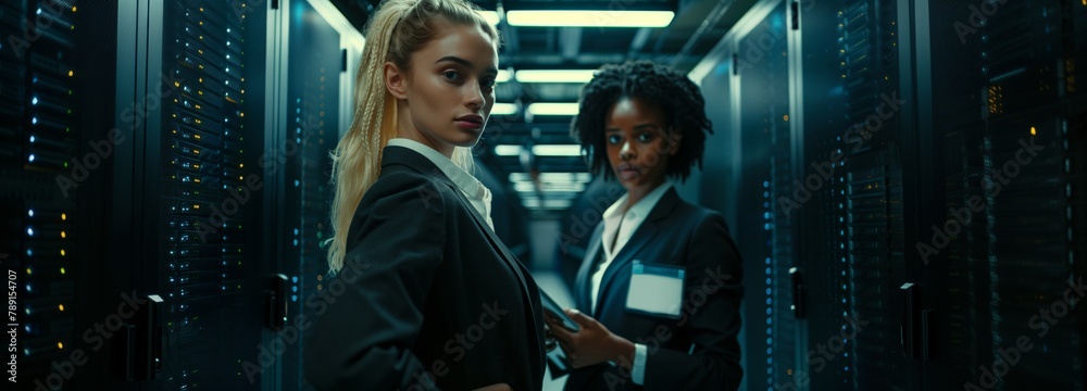 Poster Two female IoT specialists in the data center work as a team, combining their knowledge and skills to analyze and improve network systems, ensuring security and efficiency data exchange. Wide banner
