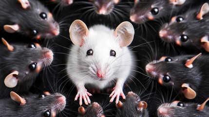 White rodent with whiskers amidst black terrestrial animals at rodent event