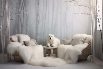 Arctic Cozy Reading Nook: Arctic-Themed Cushions, White Fur, Cozy Blankets