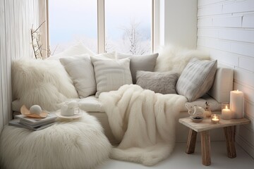 Arctic Cozy Reading Corner: Cushions, White Fur, Cozy Blankets & Small Table Delights