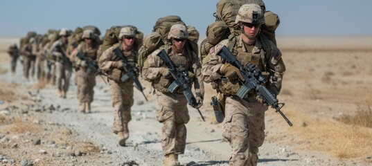 Soldiers Marching in Desert Military Operation.