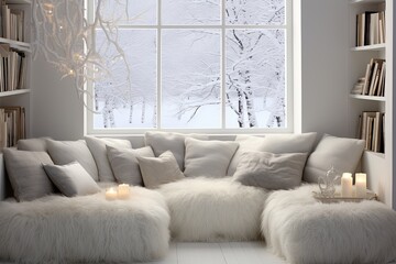 Fototapeta premium Arctic Cozy Reading Nook: Plush Seating & Arctic-Themed Cushions Inspo