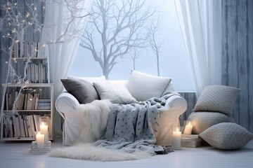 Cozy Arctic-Inspired Reading Nook: Plush Seating, Wall Art, White Curtains & Blankets Galore