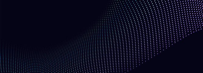 Abstract background. Floating dots, particles, wave pattern, 3D curve, halftone gradient curve shape isolated on dark background. Vector in the concept of technology, science, music, modernity.