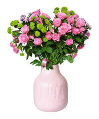 Bouquet of small roses and green chrysanthemum flowers in a pink vase isolated on white or transparent background