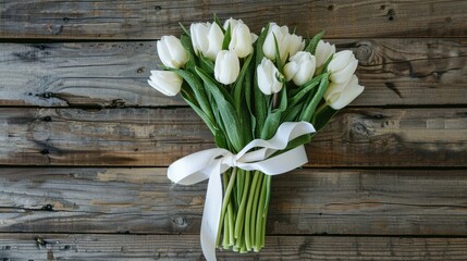 A stunning arrangement of white tulips elegantly tied with a white ribbon set against a rustic wooden backdrop Captured from above leaving room for additional elements
