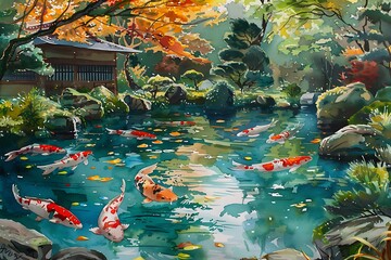 : A brush painting of a serene Japanese garden with a koi pond
