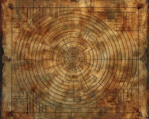 Sunstone labyrinth map, lines of cartography revealing paths to wisdom, available through internet on the sky services, - obrazy, fototapety, plakaty