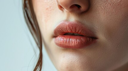 Fototapeta premium Macro view of a pained expression focusing on furrowed lips, against a stark white backdrop, in a realistic style.