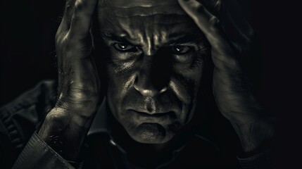 Man with furrowed brow touching his temples, moody lighting, in the style of film noir.