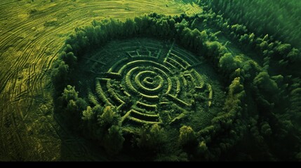 Naklejka premium Drone point of view of grass labyrinth on field. Landscape with beautiful textures in the background