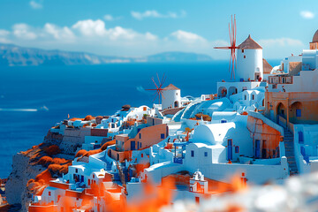 Photo of Oia, Santorini with white buildings and blue sea in Greece. Panorama view showing the cityscape of architecture