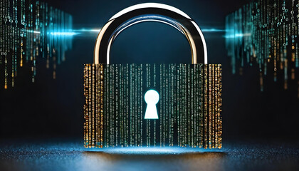 Cybersecurity concept.  Binarycode Padlock.