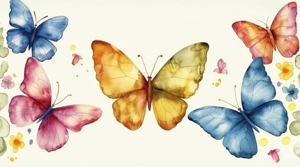   A watercolor painting features a cluster of butterflies against a pristine white backdrop Their vibrant hues include yellow, pink, blue, and green