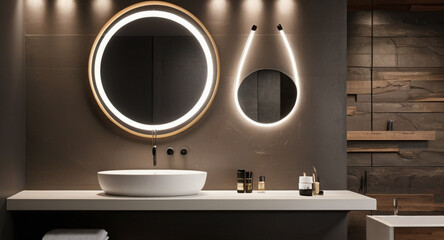 Modern simple bathroom with white bathroom sink standing on wooden shelf and backlit mirror
