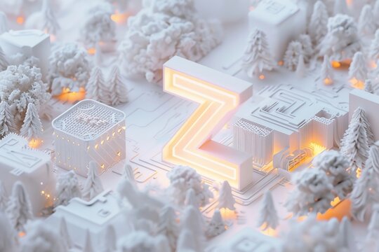 Communication Fusion represented by digital assets and isobars merging on an allwhite background, z letter glowing amidst Magical Groves, clean sharp focus,