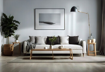 sofa poster living room White interior design lamp modern table wall house apartment luxury furniture home decoration three-dimensional space render up illustration concept