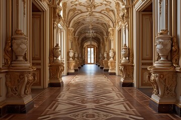 Obraz premium Baroque Palace Grand Hallway Designs: High-Relief Friezes & Lush Velvet Runners