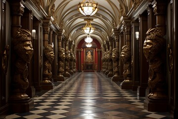 Fototapeta na wymiar Baroque Palace Grand Hallway Designs: Noble Crests and Armored Knights_STATUES, Opulent Heritage Display