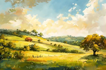 Foto op Canvas : A brush painting of a peaceful countryside scene with rolling hills and a small farm © Ghulam