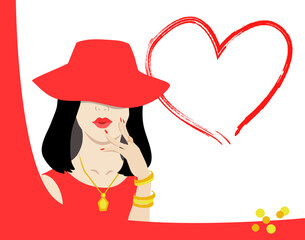 Beautiful woman in red, background and heart. Banner, flyer or card design. Portrait. Vector flat illustration