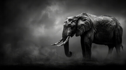   A black-and-white image of an elephant with tusks, each bearing smaller tusks