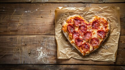 Capture the essence of love with a heart shaped Italian pizza adorned with savory salami set against a rustic wooden table background on parchment paper This delightful creation embodies th - Powered by Adobe