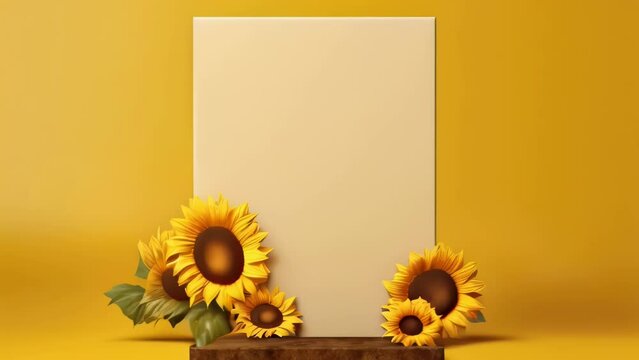 A yellow background with a white frame and a sunflower in the foreground