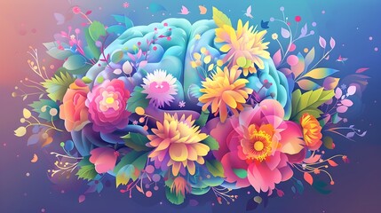 Blooming Brain A Vibrant Celebrating Mental Wellness and Personal Growth,Neuromarketing Concept - obrazy, fototapety, plakaty