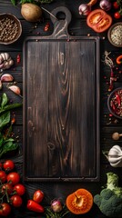 A variety of fresh vegetables and spices surrounding a rustic cutting board