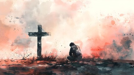 Solitary Figure Kneeling Before a Cross in the Misty Landscape