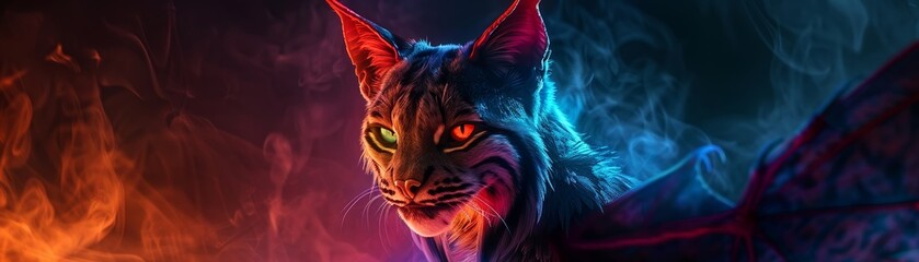 A surreal being fusing the characteristics of a vampire bat and a lynx, enveloped in a spectrum of vibrant colors against a dark backdrop , up32K HD - obrazy, fototapety, plakaty